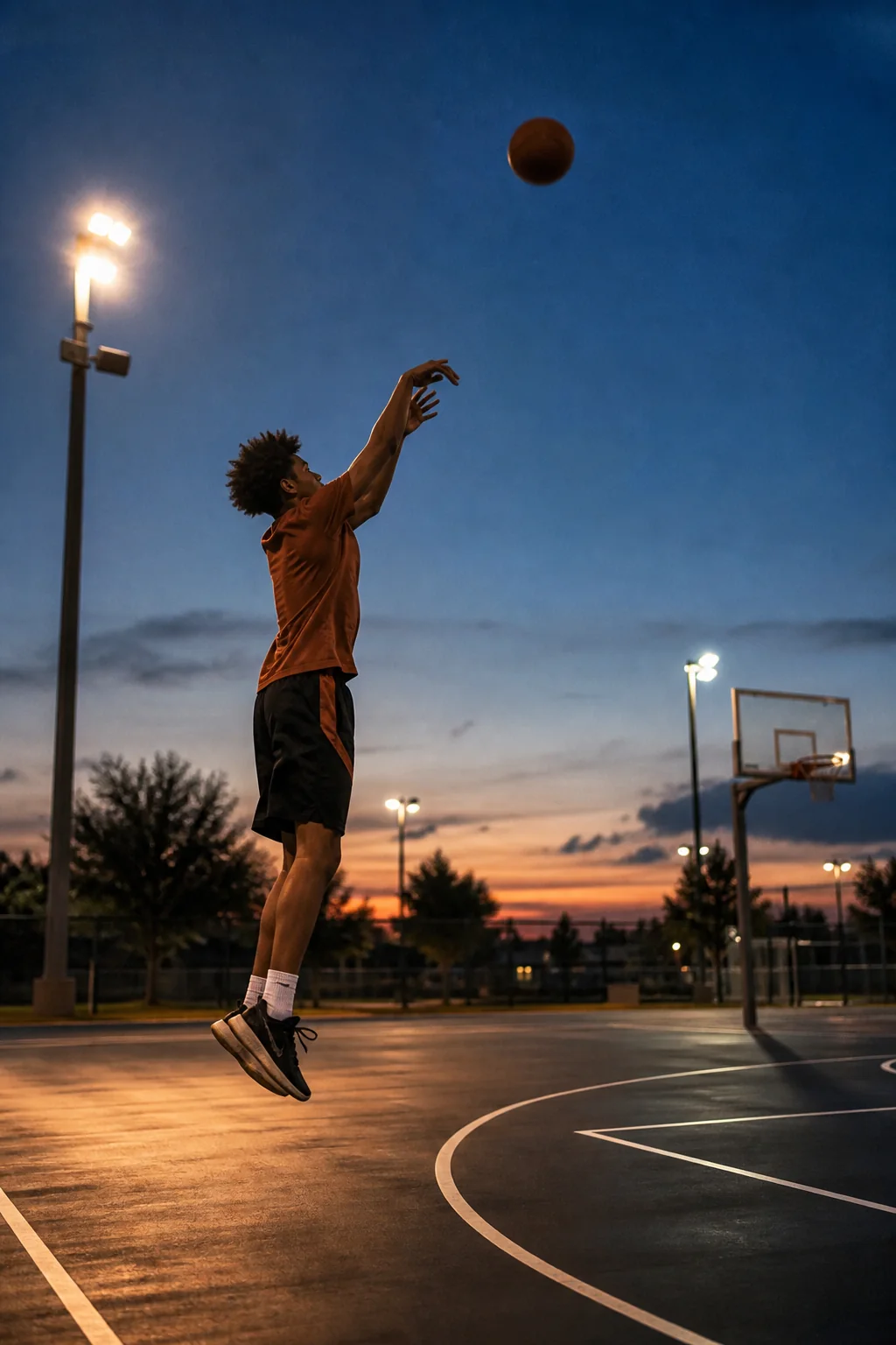 Atleta arremessando uma bola de basquete ao entardecer