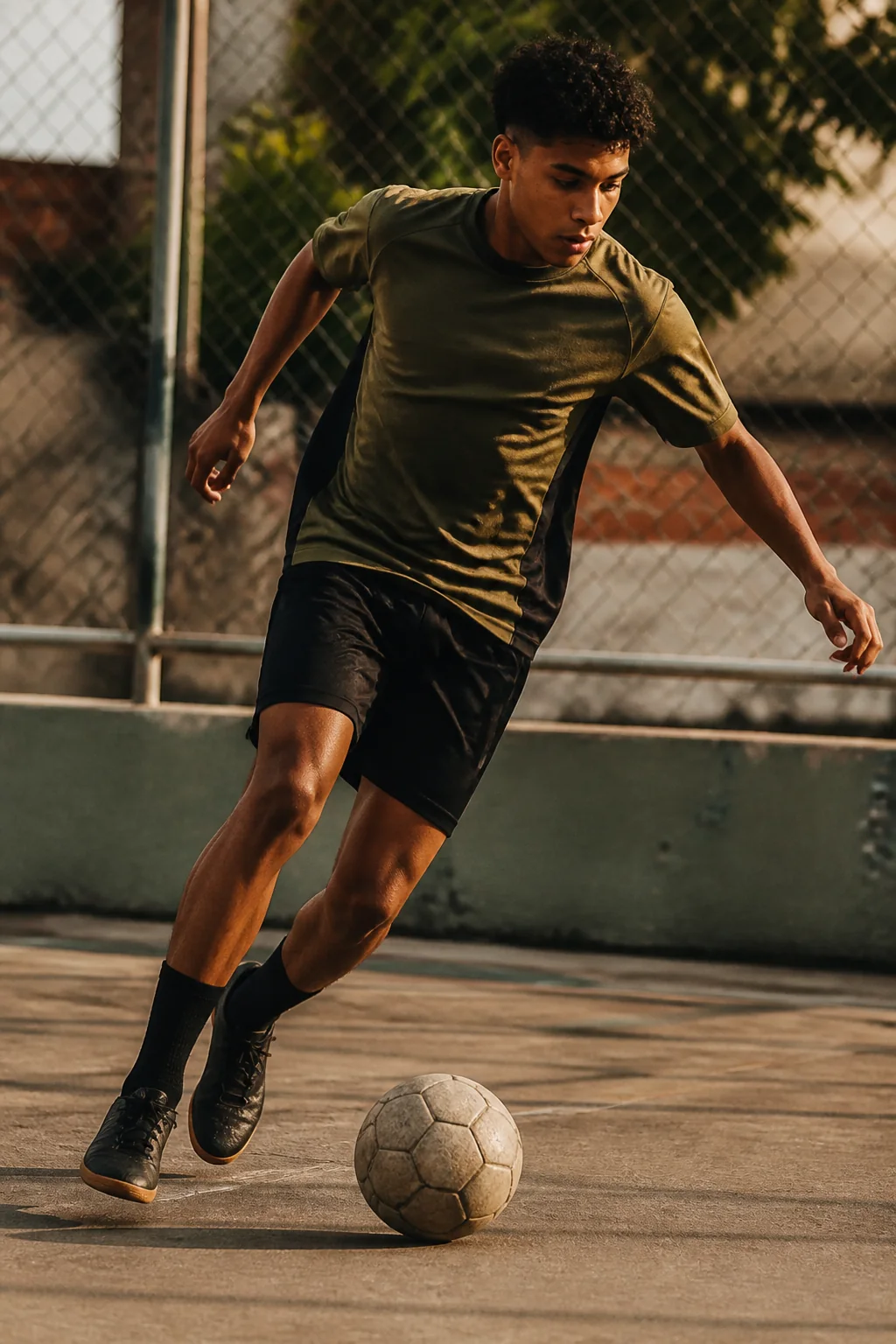 Jovem atleta conduzindo uma bola em uma quadra