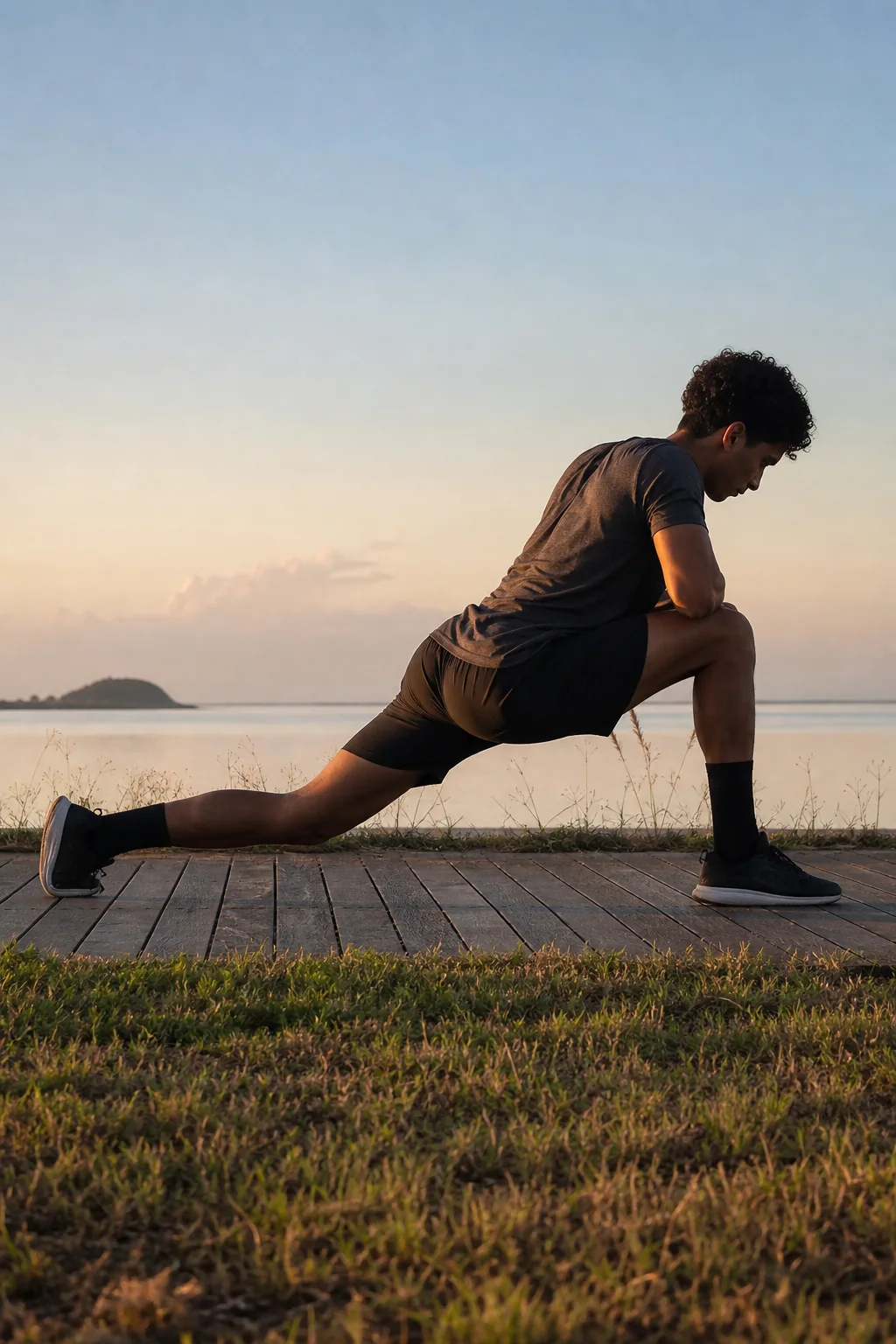 Atleta se alongando diante da lagoa pela manhã
